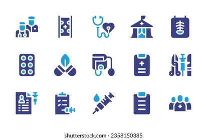 Medical icon set. Duotone color. Vector illustration. Containing medical book, medical kit, medical report, x ray, diagnose, mouth mirror, head mirror, health clinic, dentist mask.