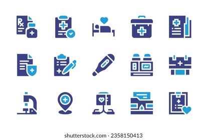 Medical icon set. Duotone color. Vector illustration. Containing medical box, prescription, stretcher, report, tools, x ray, clipboard, first aid box, cannula, glucose.