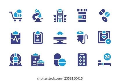 Medical icon set. Duotone color. Vector illustration. Containing medical insurance, medicine, medical handbook, medical report, vaccination, dropper, ultrasound.