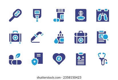 Medical icon set. Duotone color. Vector illustration. Containing medical app, x rays, medication, medical care, skeleton, glucose meter, medicine, prescription. 