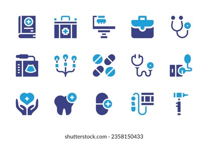 Medical icon set. Duotone color. Vector illustration. Containing computer, medical mask, eye drops, pills, tensiometer, stretcher, first aid kit, medicine, defibrillator.