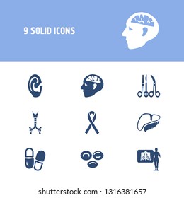 Medical icon set and ear with trachea, x-ray and pill. Support to cancer related medical icon vector for web UI logo design.