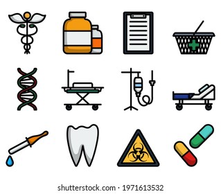 Medizinischer Symbolsatz. Bearbeitbare, fette Rahmenlinie mit Farbfülldesign. Vektorgrafik.
