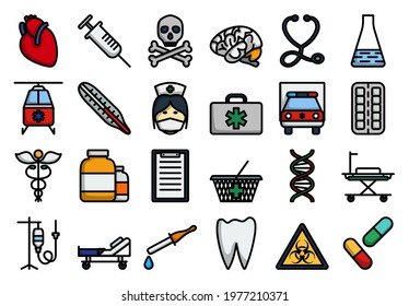 Medizinischer Symbolsatz. Bearbeitbare, fette Rahmenlinie mit Farbfülldesign. Vektorgrafik.