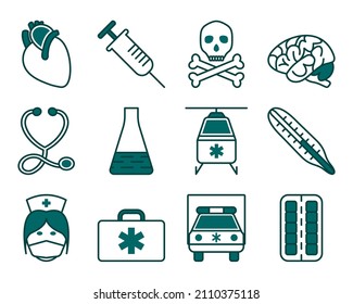 Conjunto de iconos médicos. Contorno de negrita editable con diseño de relleno de color. Ilustración vectorial.