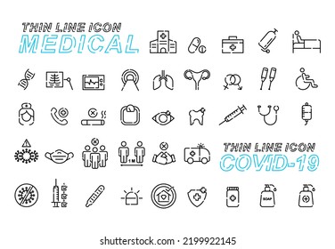 medical icon set, medical equipment, covid 19 prevention icons, with thin lines, for web and apps, white background, medical logo