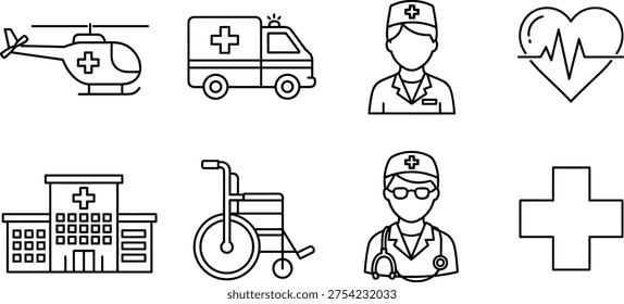 Medical icon set featuring emergency helicopter, ambulance, doctor, nurse, heartbeat, hospital building, wheelchair, and red cross symbol for healthcare healthcare design