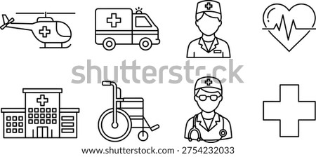 Medical icon set featuring emergency helicopter, ambulance, doctor, nurse, heartbeat, hospital building, wheelchair, and red cross symbol for healthcare healthcare design