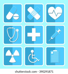 Medical Icon Set Flat Style Blue Theme Vector Illustration
