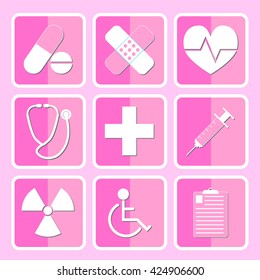 Medical Icon Set Flat Style Pink Theme Vector Illustration