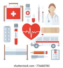 Icono médico establecido en estilo plano aislado en blanco. Símbolos de medicina en primer plano. Incluye kit de primeros auxilios, píldoras, termómetro, jeringa, tubo de ensayo, yeso adhesivo, ambulancia, sofá, lápiz, pluma, etc