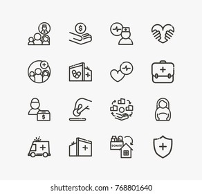 Icono médico con caridad alimentaria, amor abrazo y caridad de donantes. Conjunto de elementos vectoriales de iconos médicos relacionados con el hospital para el diseño de la interfaz de usuario del logotipo móvil web. Conjunto vectorial de iconos médicos.