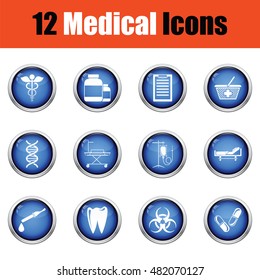 Medical icon set.  Glossy button design. Vector illustration.