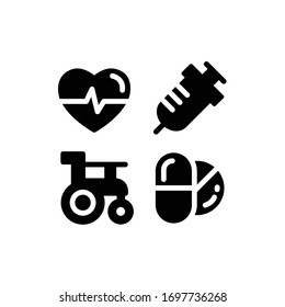 Medical icon set with Heartbeat, Cardiology, Syringe, Pills, Drugs And Medicine, Vector Illustration.