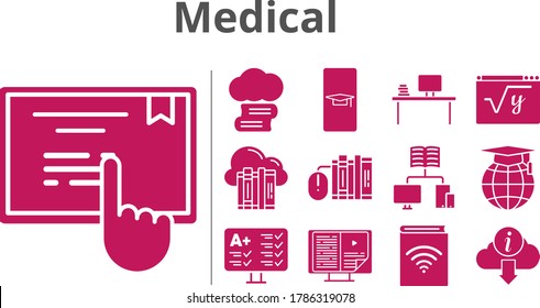 medical icon set. included cloud library, cloud, audiobook, ebook, desktop, books, test, school, maths, information, touchscreen icons. filled styles.