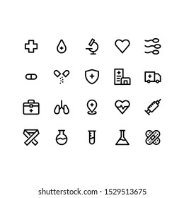 Medical icon set including plus, drop, microscope,love, sperm, drug, shield, hospital, ambulance, medical box, lungs, pin, pulse, vaccine, aids, flask, bandage