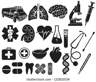 medical icon set (kidney, lungs, pharmacy snake symbol, first aid sign, pills illustration, tooth, stethoscope, brain, microscope, syringe, DNA strand, heart, ambulance van)