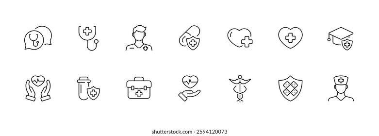 Medical icon set in linear vector style featuring healthcare and doctor flat designs.
