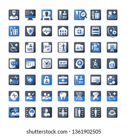 Medical icon set, medicare or healthcare concept, medicine symbol collection, health check up, hospital treatment, clinic analysis, illness treatment, body scan, vector flat design