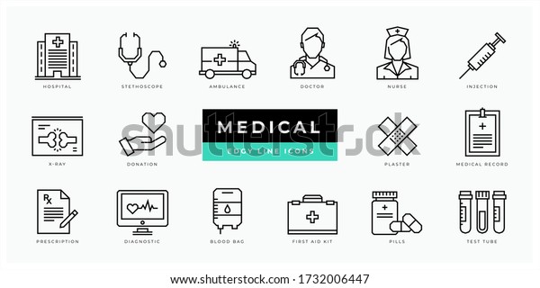 Medical icon set - minimal thin outline,\
web icon and symbol collection – hospital, doctor, care, lab,\
medicine, health, ambulance, emergency, nurse, pills, blood. Simple\
edgy vector\
illustration.