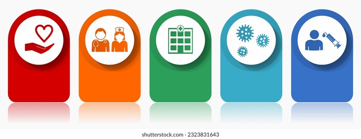 Medical icon set, miscellaneous vector icons such as doctor, nurse, hospital, help and flu, modern design infographic template, web buttons in 5 color options