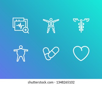 Medical icon set and obese with heart, pill and anatomy. Analyse related medical icon vector for web UI logo design.