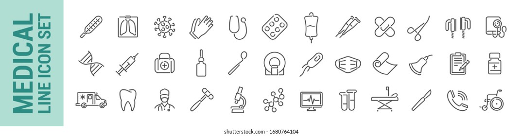 Medical icon set. Outline health illustration. Tools equipment & medicines. Collection