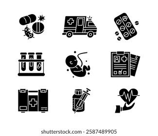 Medical icon set. Pills, antibiotics, and virus sign. Hospital, ambulance, and emergency symbol. Healthcare treatment, medical kit, and syringe pictogram. Pregnancy, fetus, and heartbeat illustration.