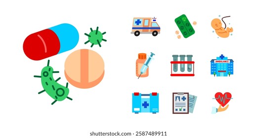 Medical icon set. Pills, antibiotics, and virus sign. Hospital, ambulance, and emergency symbol. Healthcare treatment, medical kit, and syringe pictogram. Pregnancy, fetus, and heartbeat illustration