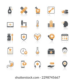 Medical Icon Set With Reflect On White Background.