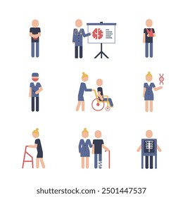 Medizinisches Icon-Set. Einfacher Stil in Farbe. Vektorgrafik. Enthaltend behinderte Person, Rampe, Behindertenschild, Behinderung, Behinderung, Wohnmittel, Betreuung, Arbeitnehmer, Helfer, Rehabilitation, Sport.