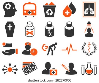 Medical icon set. Style: bi color icons drawn with orange and gray colors on a white background.