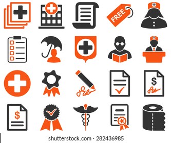 Medical icon set. Style: bicolor icons drawn with orange and gray colors on a white background.