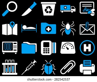 Medical icon set. Style: bicolor icons drawn with blue and white colors on a black background.
