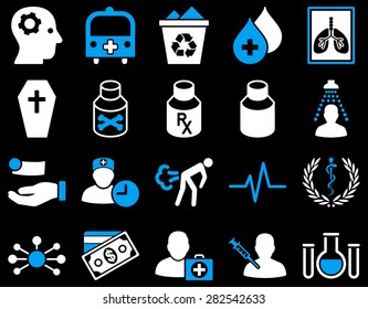 Medical icon set. Style: bicolor icons drawn with blue and white colors on a black background.