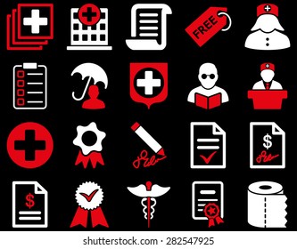 Medical icon set. Style: bicolor icons drawn with red and white colors on a black background.