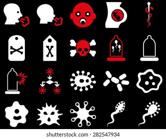 Medical icon set. Style: bicolor icons drawn with red and white colors on a black background.