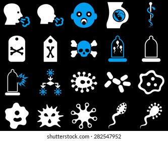 Medical icon set. Style: bicolor icons drawn with blue and white colors on a black background.