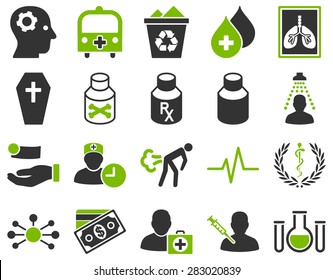 Medical icon set. Style: bicolor icons drawn with eco green and gray colors on a white background.