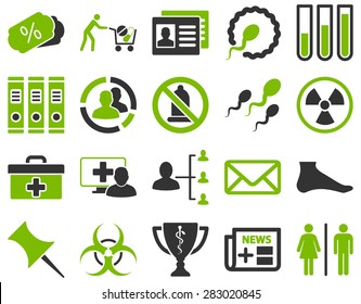 Medical icon set. Style: bicolor icons drawn with eco green and gray colors on a white background.