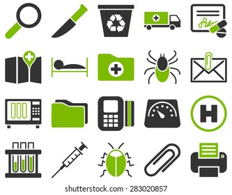 Medical icon set. Style: bicolor icons drawn with eco green and gray colors on a white background.
