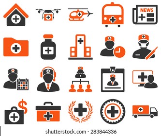 Medical icon set. Style: bicolor icons drawn with orange and gray colors on a white background.