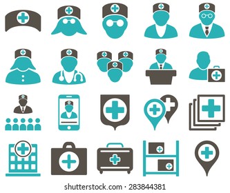 Medical icon set. Style: bicolor icons drawn with grey and cyan colors on a white background.