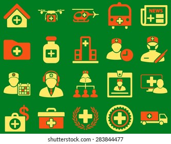 Medical icon set. Style: bicolor icons drawn with orange and yellow colors on a green background.