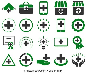 Medical icon set. Style: bicolor icons drawn with green and gray colors on a white background.