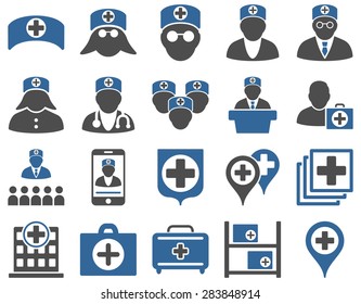 Medical icon set. Style: bicolor icons drawn with cobalt and gray colors on a white background.