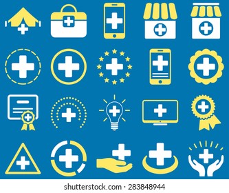 Medical icon set. Style: bicolor icons drawn with yellow and white colors on a blue background.