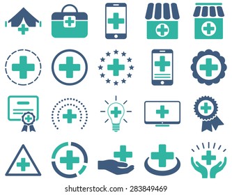 Medical icon set. Style: bicolor icons drawn with cobalt and cyan colors on a white background.