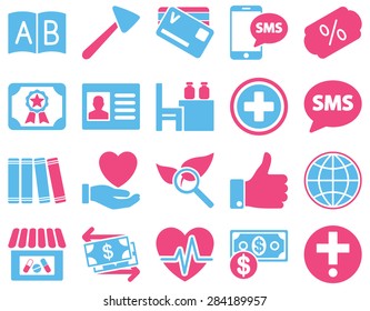 Medical icon set. Style: bicolor icons drawn with pink and blue colors on a white background.