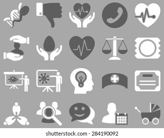 Medical icon set. Style: bicolor icons drawn with dark gray and white colors on a gray background.
